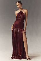 Thalia Pleated Metallic Halter Maxi Dress