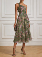 Maren Ruched Chiffon One-Shoulder Midi Dress