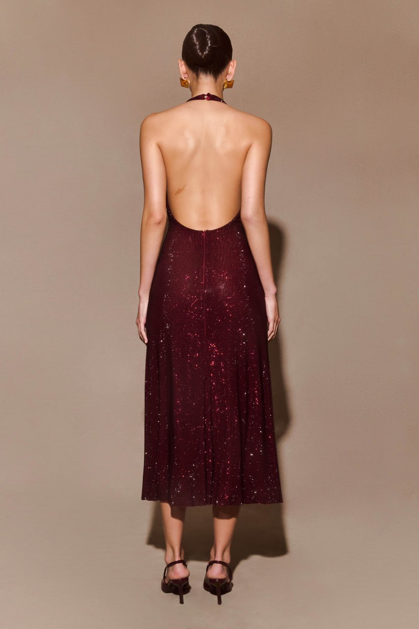MIDNIGHT BORDEAUX HALTER MAXI DRESS