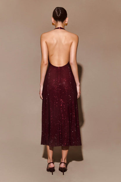 MIDNIGHT BORDEAUX HALTER MAXI DRESS
