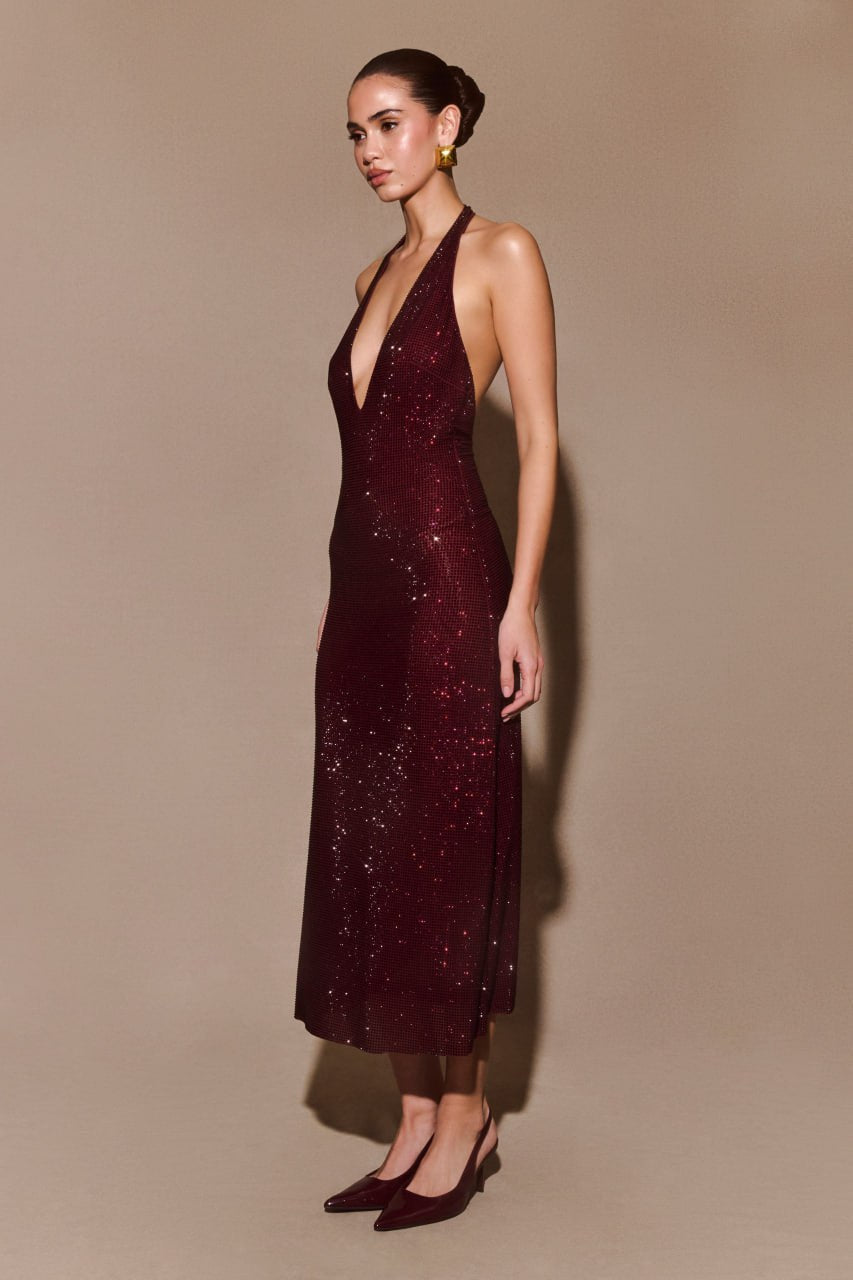 MIDNIGHT BORDEAUX HALTER MAXI DRESS