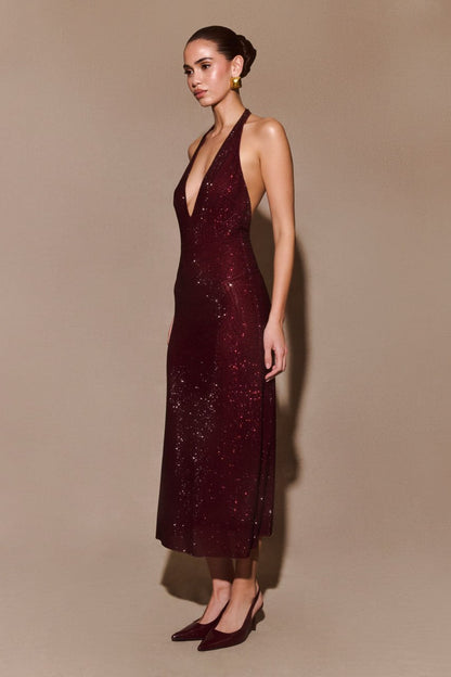 MIDNIGHT BORDEAUX HALTER MAXI DRESS